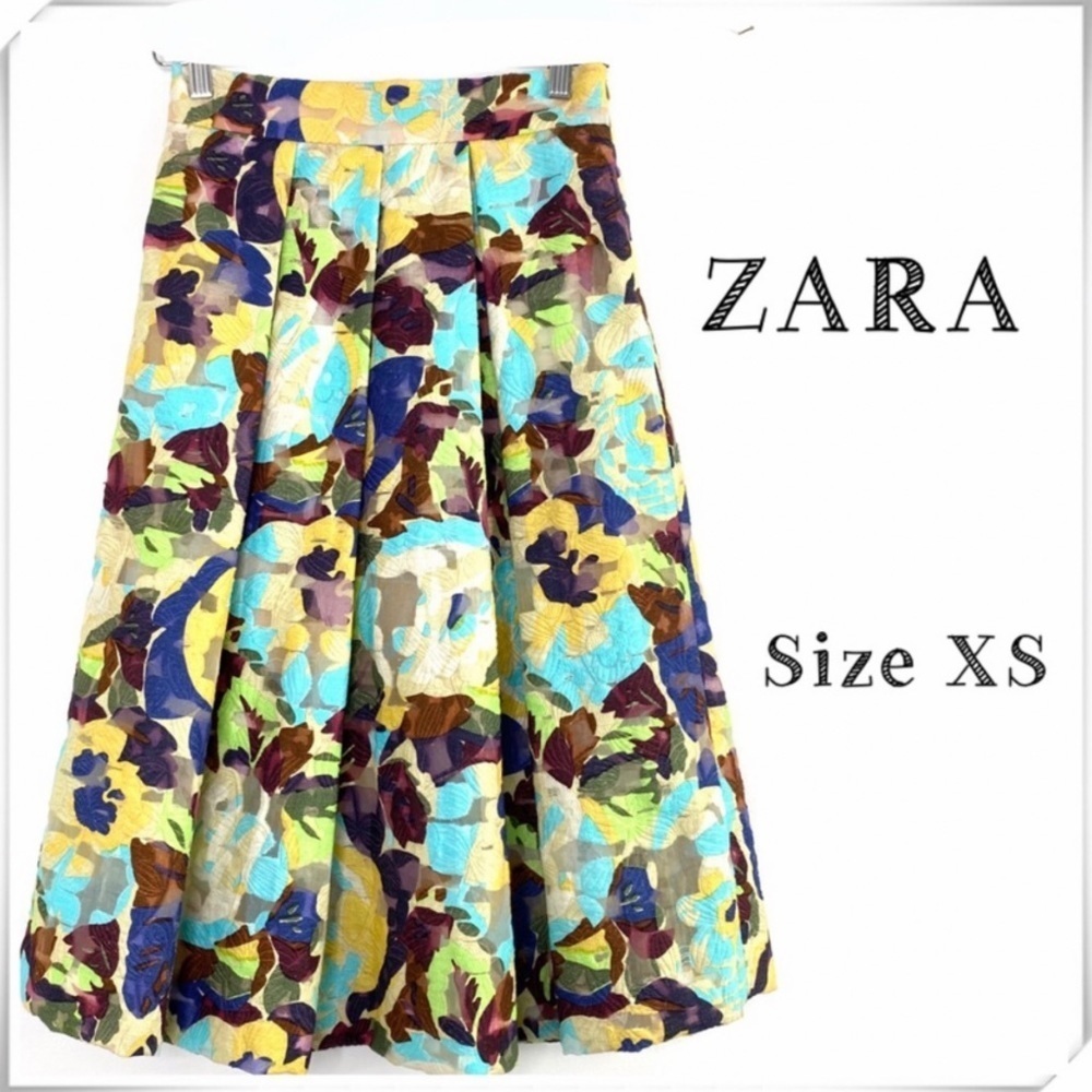 ZARA Floral Jacquard Puffy Pleated Midi Skirt in Yellow with Purple Size XS New